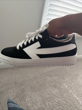 Off-White Black and White Platform Sneakers with Red Zip Tie